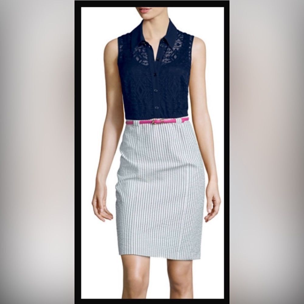 ALYX Dress Navy Blue Striped Crochet Button Up Collared Seersucker Sheath Dress
